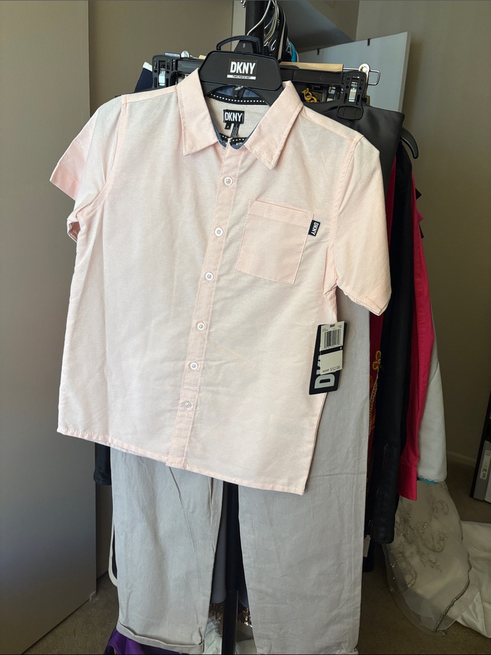 DKNY Boy’s Pale Pink Short-Sleeve Button-Down Shirt with Pants Set
